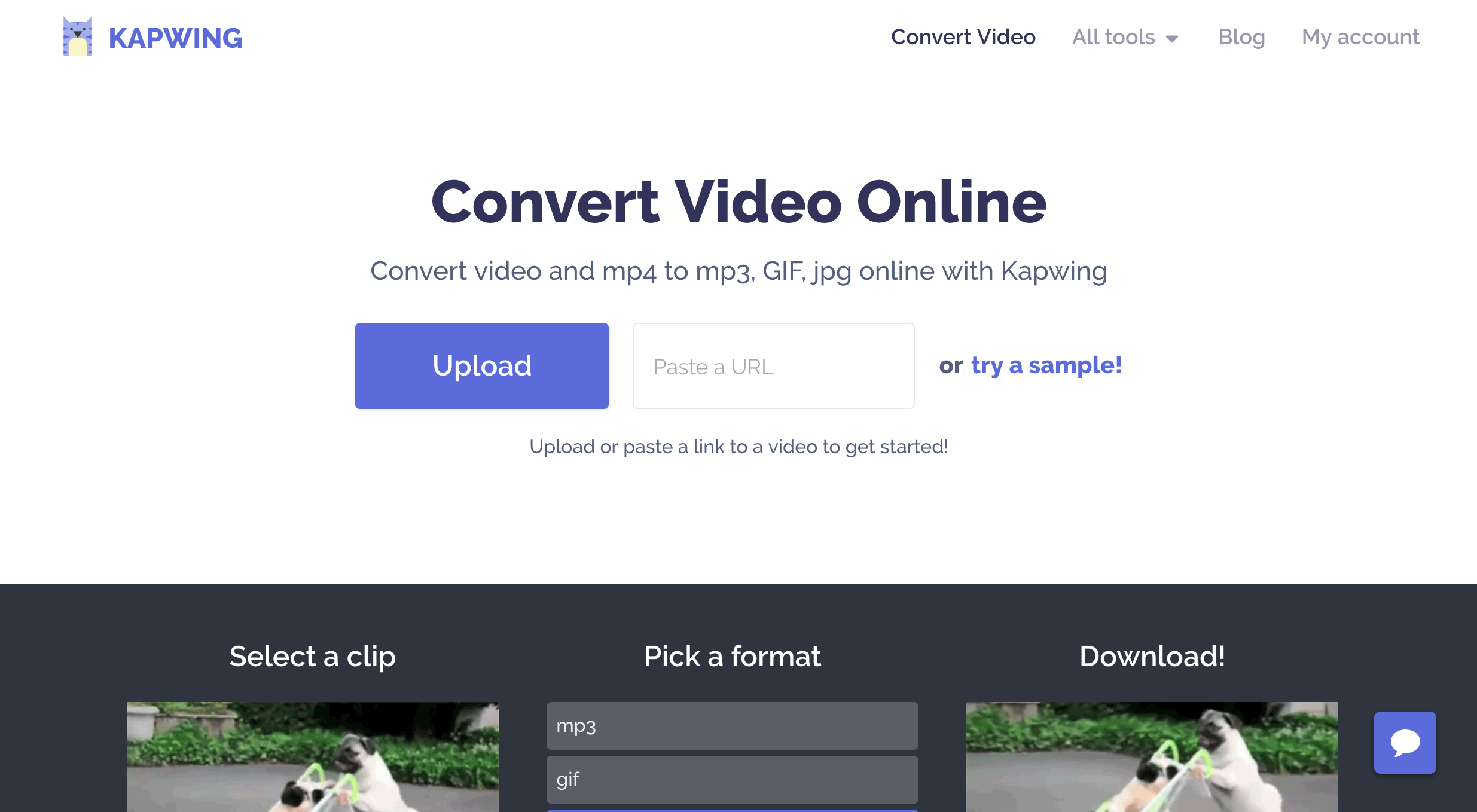 A screenshot from Kapwing, showing the Convert Video homepage. 