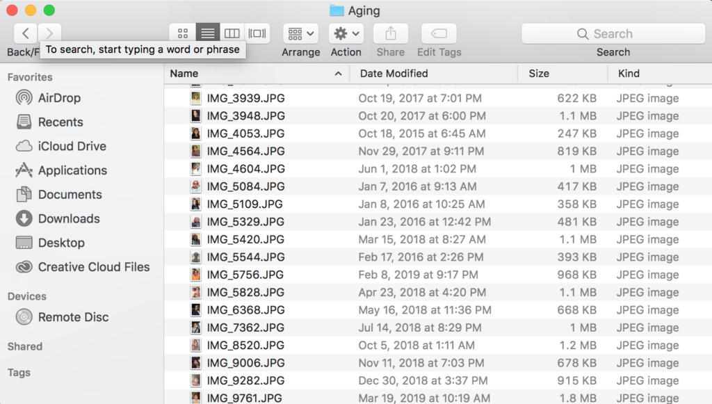 A screenshot of a file folder with dozens of selfie pictures in it. 